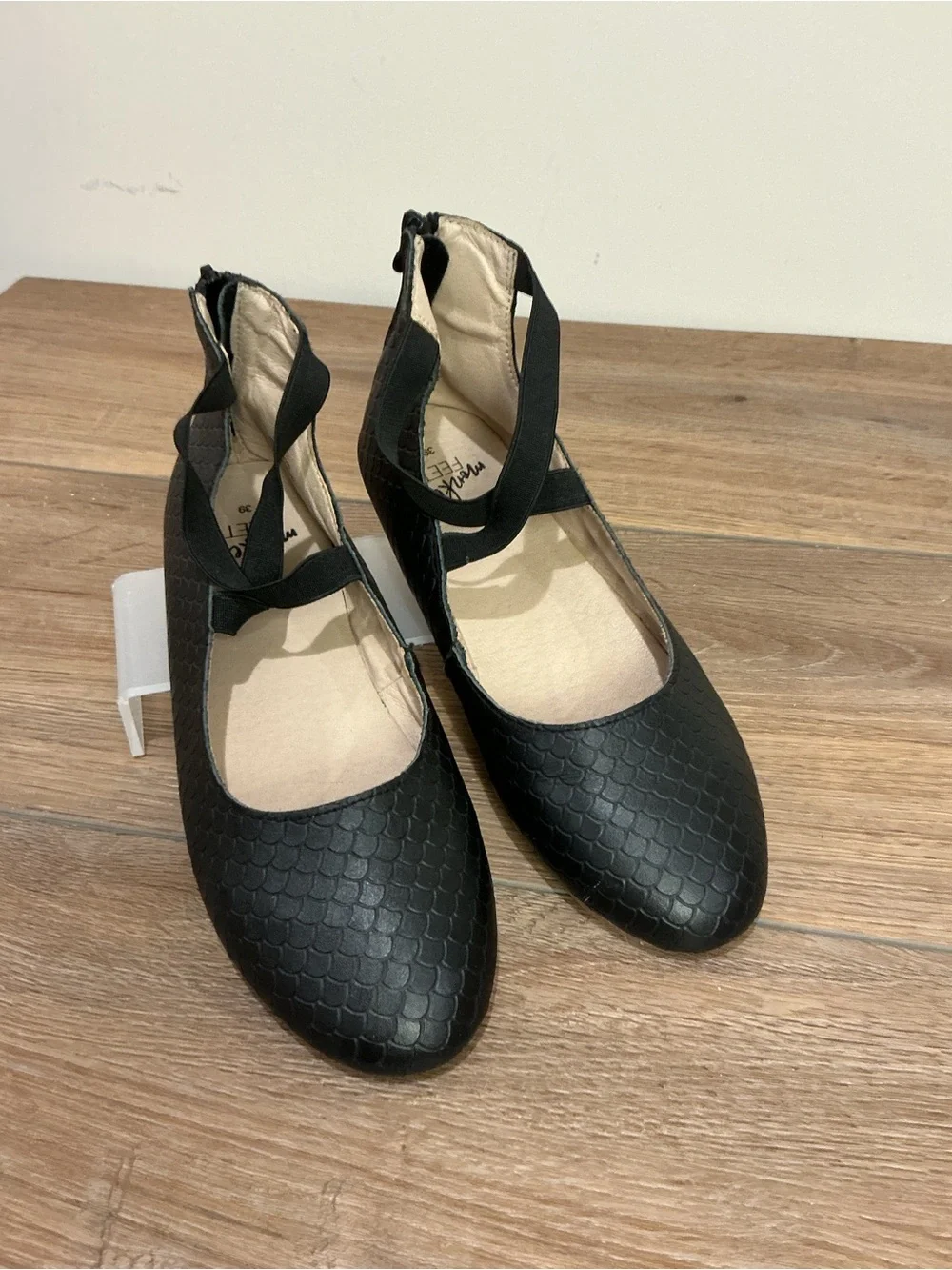 Monkey Feet Black Textured Ankle-Strap Flats
